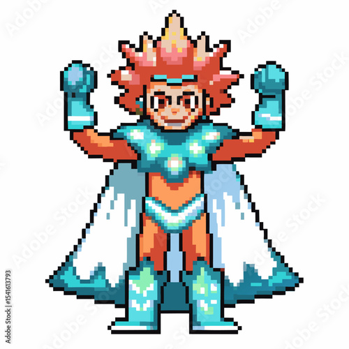 Retro superhero pixel art character in dynamic pose, vibrant costume, spiked hair, blue cape, gloves, energetic expression