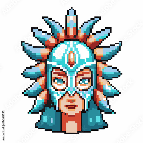 Pixel art warrior face with spiked horned helmet, blue and orange highlights, fantasy medieval character icon, retro game