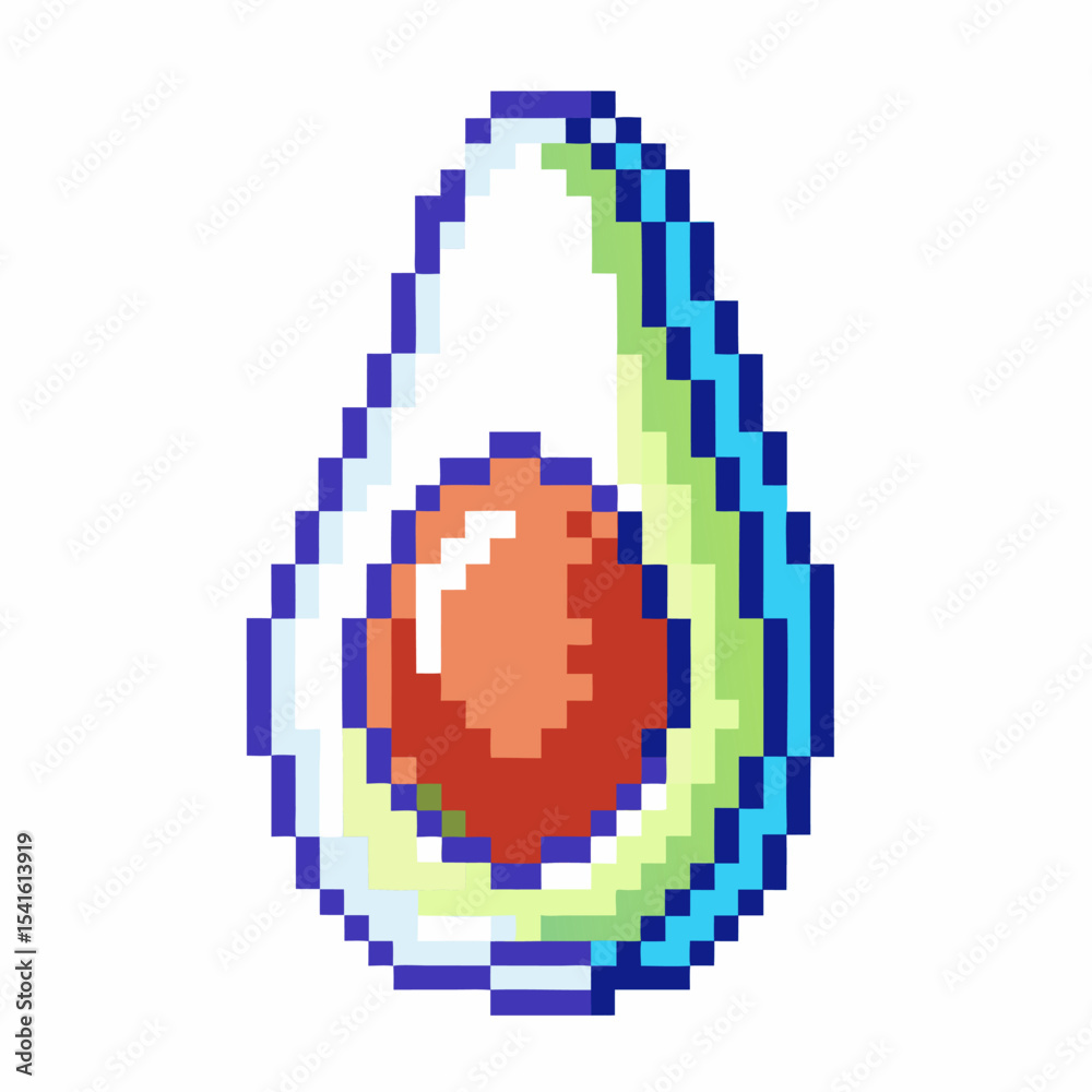 Fototapeta premium Pixel art avocado half with seed retro digital fruit icon, green healthy food, isolated design on white background