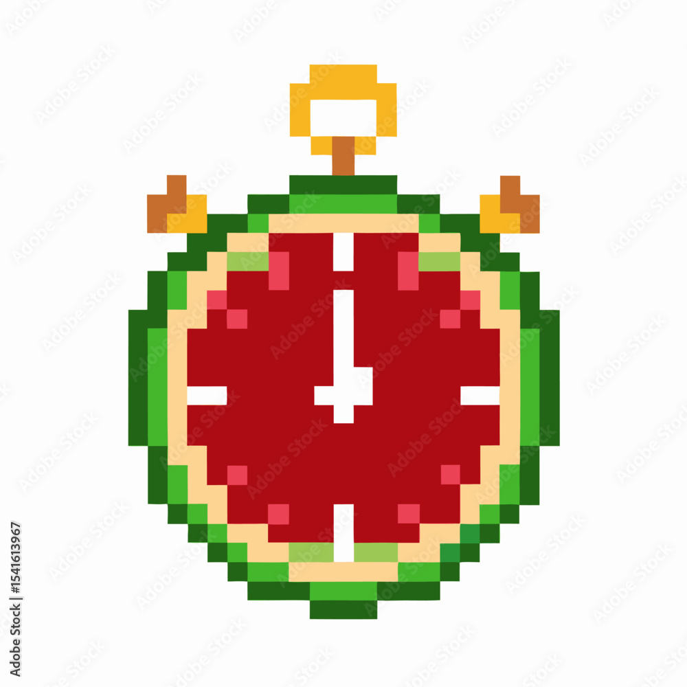 Fototapeta premium Pixel art stopwatch shaped as watermelon slice retro timer with green rind, red flesh, white seeds, creative summer concept