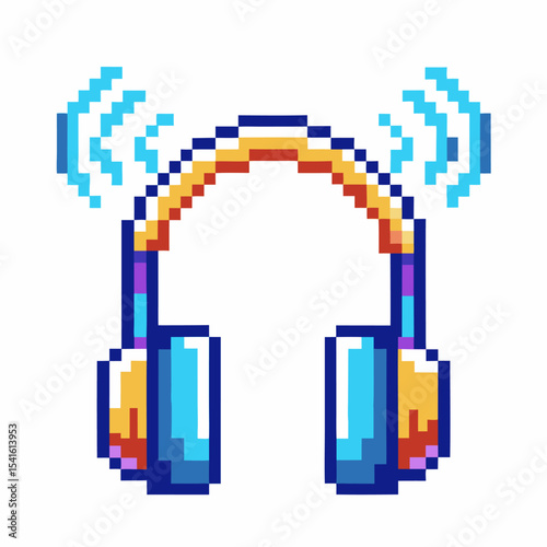 Pixel art headphones with wireless sound waves, retro audio accessory, electronic gadget, digital music concept