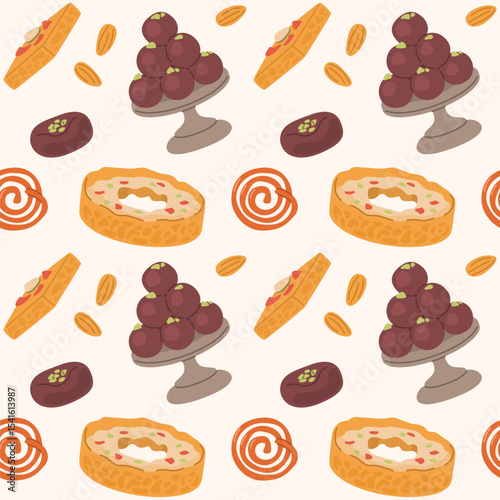 Seamless Pattern of Indian Sweets and Desserts