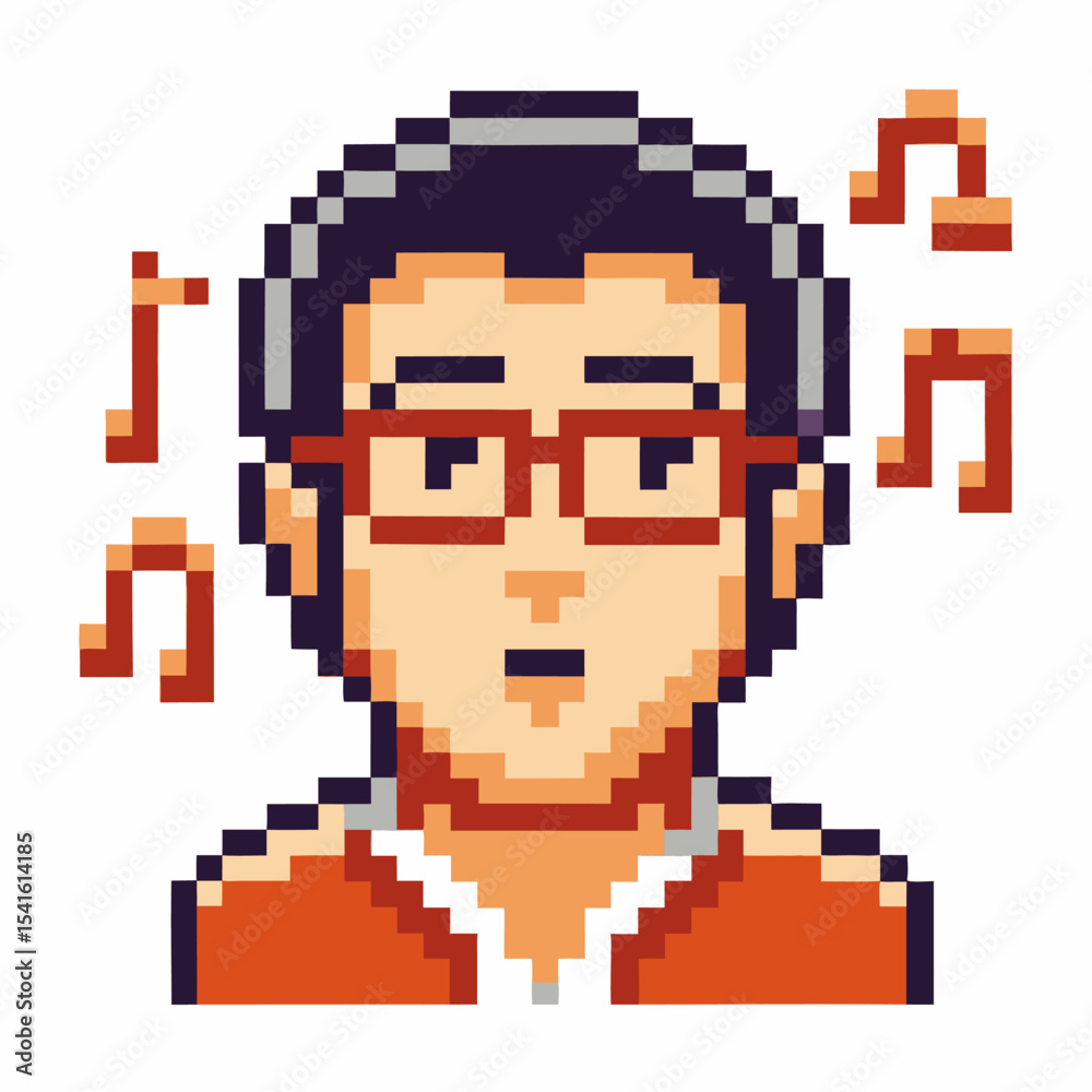 Obraz premium Pixel art portrait of a person with glasses, short dark hair, orange jacket, and musical notes on white background