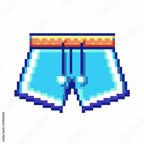 Pixel art blue swim shorts with yellow waistband and white drawstring retro videogame summer clothing illustration