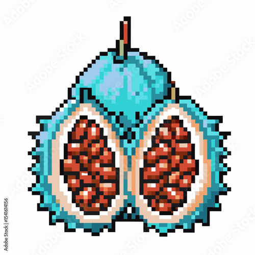 Pixel art blue durian fruit with spiky skin and exposed seeds on white background, detailed tropical digital illustration