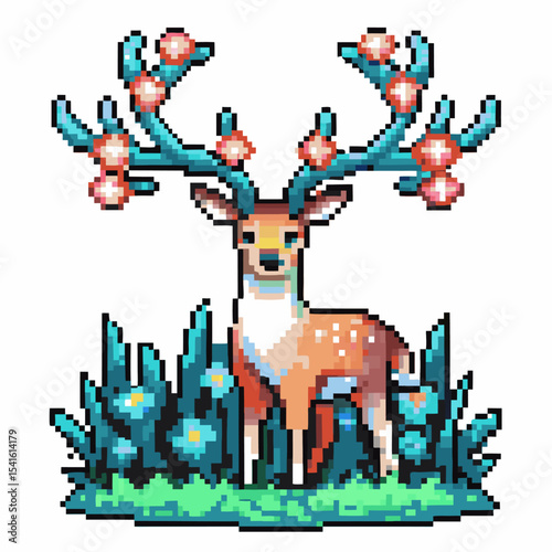 Pixel art deer with blooming antlers, standing among fantasy blue foliage and flowers, vibrant retro digital illustration
