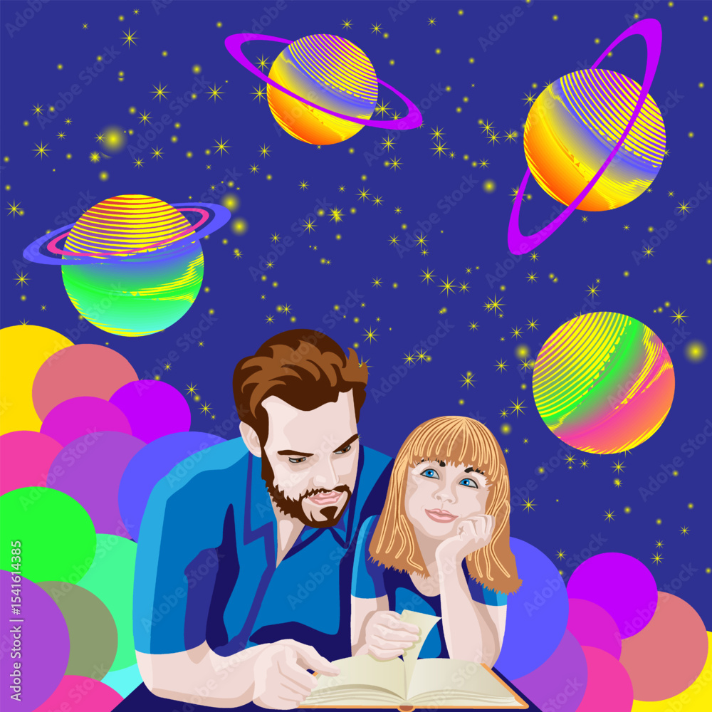 Naklejka premium Father and daughter reading book. Magical starry sky with colorful planets. International Book Lovers Day. Banner. Isolated vector illustration.