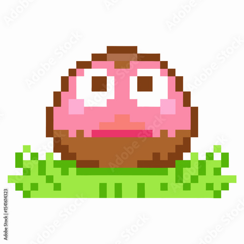 Pixel art pink slime character on grass, retro gaming style, cute digital sprite for video game or arcade design