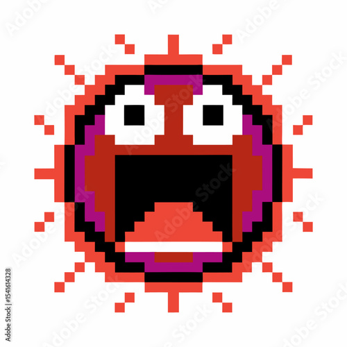 Pixelated red screaming face, retro 8 bit game style, open mouth, surprised expression, digital art, emotional reaction
