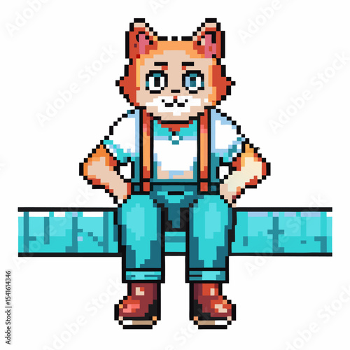 pixel art cat sitting on a bench, retro 8 bit design cute anthropomorphic animal character, casual clothing, relaxed pose