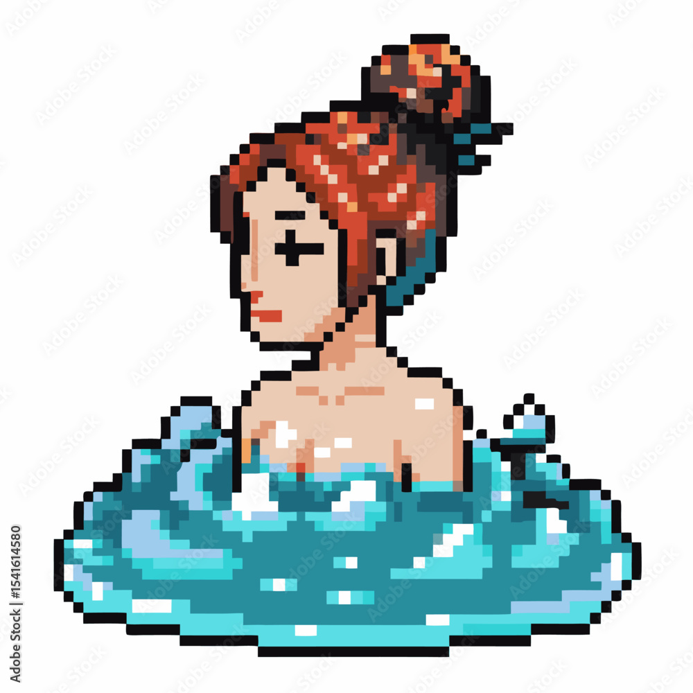 Pixel art woman relaxing in blue water retro 8 bit female character, spa bath, tranquil aquatic scene, serene wellness concept Pixel art woman relaxing in blue water retro 8 bit female character, spa bath, tranquil aquatic scene, serene wellness concept