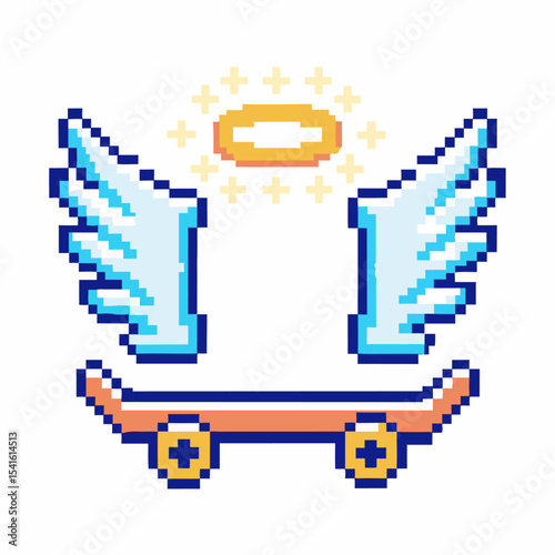 Skateboard with angel wings and halo pixel art retro digital illustration of heavenly skateboard freedom and fantasy