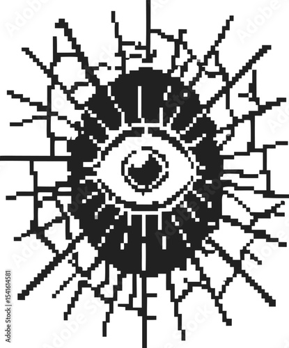 Glitch pixel eye in shattered glass pattern, digital distortion effect, retro black and white vision, surveillance focus concept