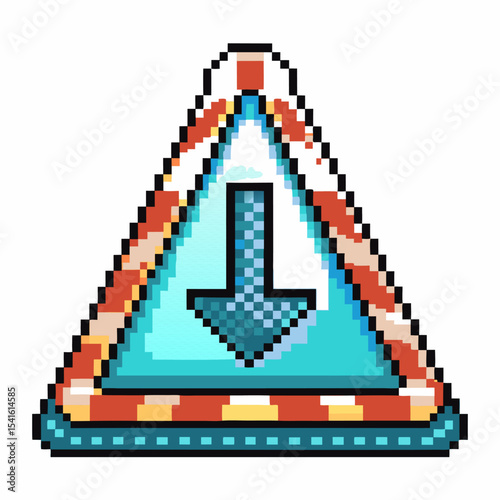 Pixel art down arrow warning sign retro digital video game style, triangle hazard symbol, isolated blue direction icon