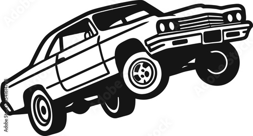 Classic muscle car with hydraulic suspension, retro lowrider automotive design, black and white  illustration