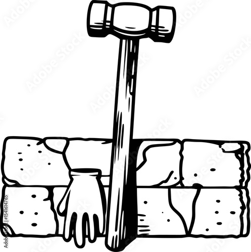 Masonry tools and brick wall outline construction hammer with glove leaning on stacked bricks, hand drawn equipment illustration