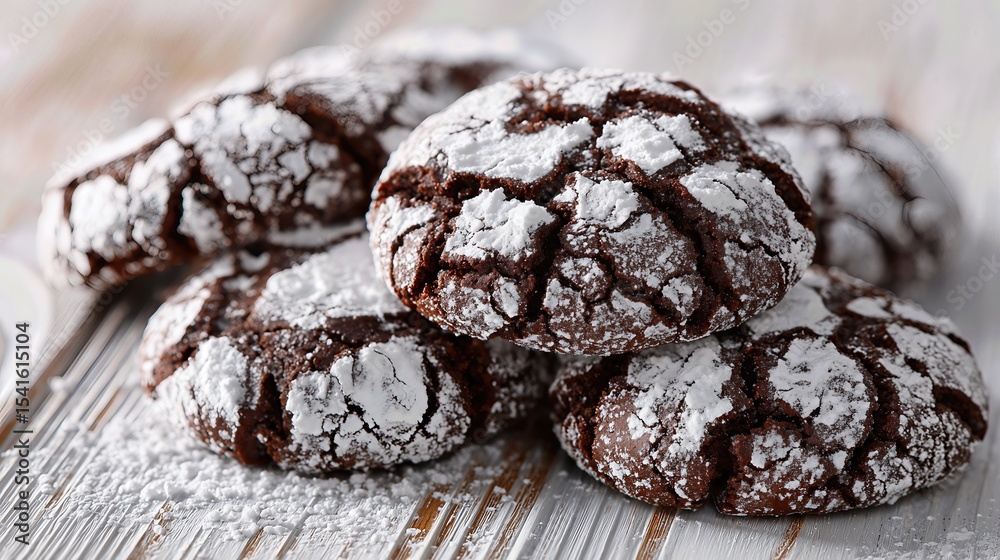 Rich chocolate cookies with a crinkled surface and powdered sugar rest on white wood, captured in shallow depth of field.
Rich chocolate cookies with a crinkled surface and powdered sugar rest on white wood, captured in shallow depth of field.