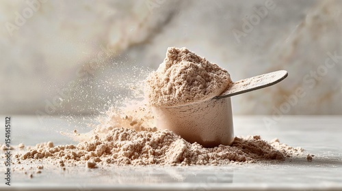 Protein powder overflows from a scoop onto a sleek marble surface, framed by a white backdrop evoking a healthy lifestyle.
