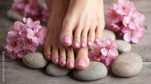 Delicately polished toes in soft pink are surrounded by spa elements—stones and blossoms—suggesting relaxation and care.
