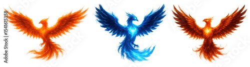 Fiery phoenix illustrations with glowing wings in orange and blue flame styles