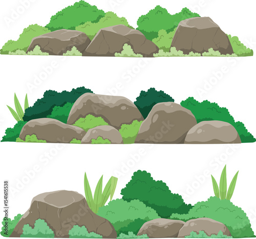  Flat Style Illustration of Rocks and Bushes for Nature Scene Design