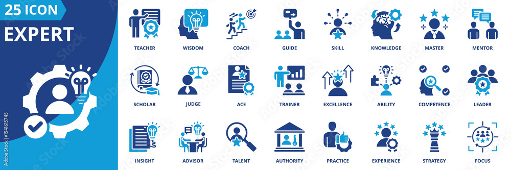 Fototapeta premium expert icon set collection in dual tone style. an icon pack contain skill, knowledge, wisdom, master, guide, coach, mentor, teacher, leader, competence