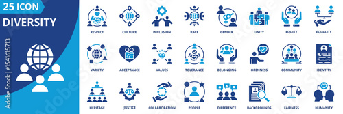 diversity icon set collection in dual tone style. an icon pack contain inclusion, equity, equality, culture, gender, race, unity, respect, acceptance, identity