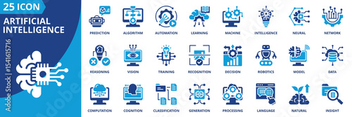 artificial intelligence icon set collection in dual tone style. an icon pack contain machine, learning, algorithm, neural, network, automation, intelligence, prediction, recognition, decision