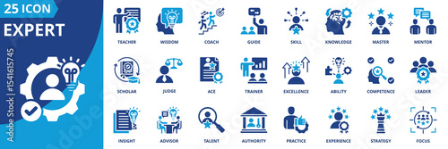 expert icon set collection in dual tone style. an icon pack contain skill, knowledge, wisdom, master, guide, coach, mentor, teacher, leader, competence