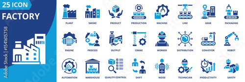 factory icon set collection in dual tone style. an icon pack contain plant, machine, smoke, gear, product, production, line, packaging, worker, robot
