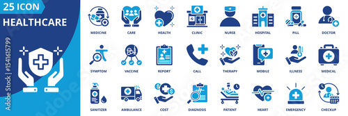 healthcare icon set collection in dual tone style. an icon pack contain health, care, doctor, nurse, hospital, clinic, medicine, pill, report, vaccine