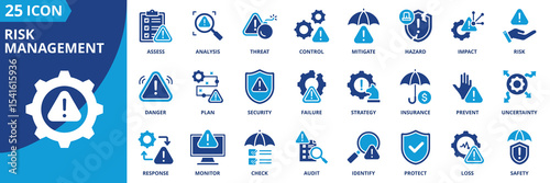 risk management icon set collection in dual tone style. an icon pack contain risk, threat, hazard, impact, control, mitigate, analysis, assess, plan, strategy