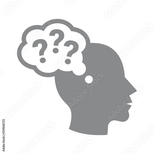 Thinking man with human head and question mark bubble. Curious mind, asking or confused and intelligence vector icon.