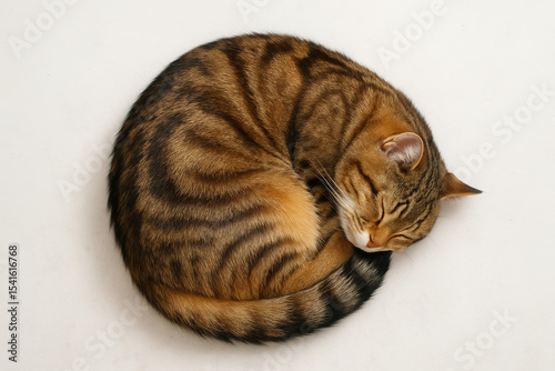 Top-down view of a cute cat curled up  round body shape emphasized, photo, isolated over a white background floor.
