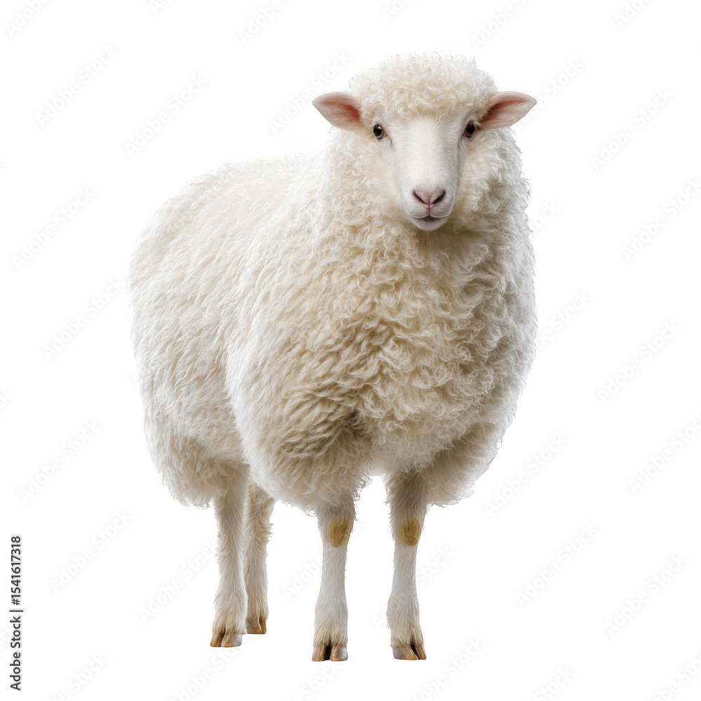 Fototapeta premium White sheep, fluffy woolly lamb, standing animal, farm creature, livestock
