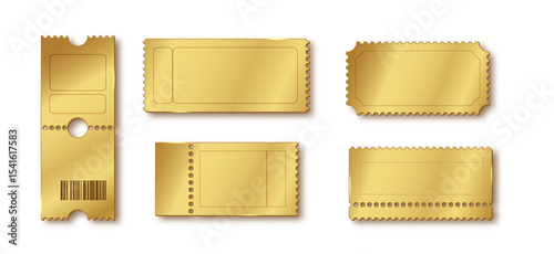 Gold blank tickets collection PNG. Premium invitation templates for movie, concert, or celebration. Elegant shiny gold vector stubs isolated on white