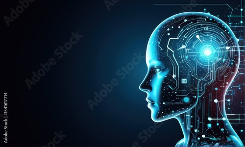 Glowing Translucent Female Head with Circuit Board Patterns on Dark Blue Background
