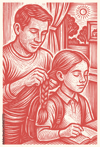Red Engraving of Young Father Braiding Daughter’s Hair Before School – Woodcut Style, Brush Stroke Texture, Postage Stamp Inspired Card Illustration Design