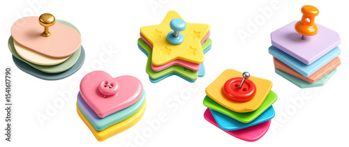 Cute 3D sticky notes in heart, star, and square shapes with buttons and pins in pastel colors