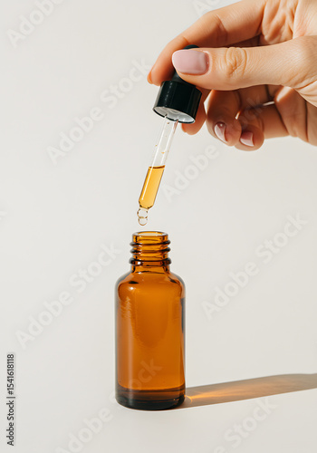 Dropping liquid into amber bottle, skincare and wellness concept
