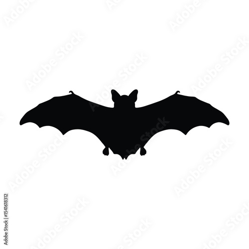 Flying Bat Silhouette Vector, Black Halloween Bat Icon.