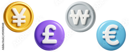 Set of 3D currency icons featuring yen, pound, won, and euro symbols in bold colors