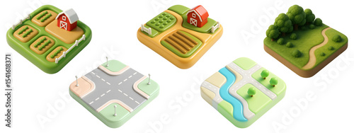 3D isometric map tiles with farm fields, forests, intersections, and river roads, isolated on transparent background