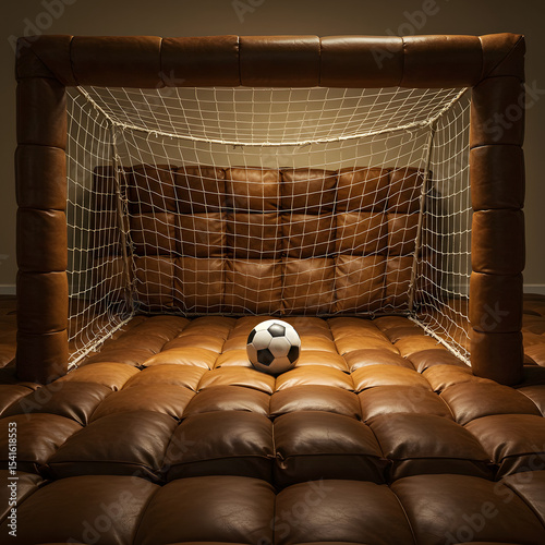 Soccer goal with a football in the net, sports concept
