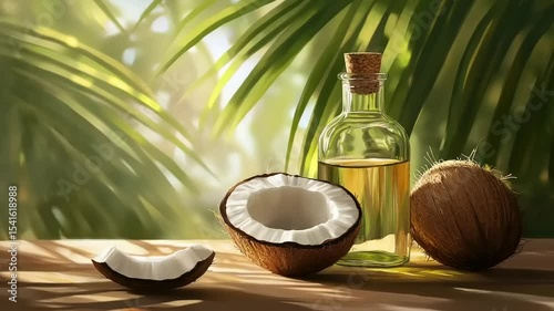 Coconut oil and fresh coconuts on a wooden surface