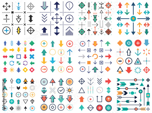 Set of different symbols including arrows vector illustration isolated on white background.
