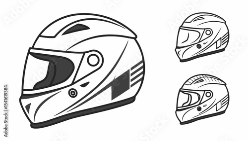 A set of vector icons for motorcycle helmets, along with an illustration of a racing team helmet   