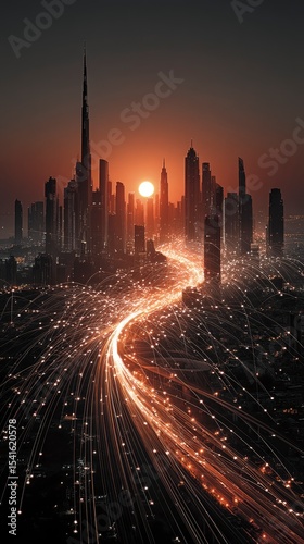 Aerial View of City at Sunset with Illuminated Highway