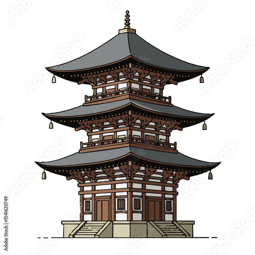 Traditional Japanese pagoda with curved roofs, flat vector isolated