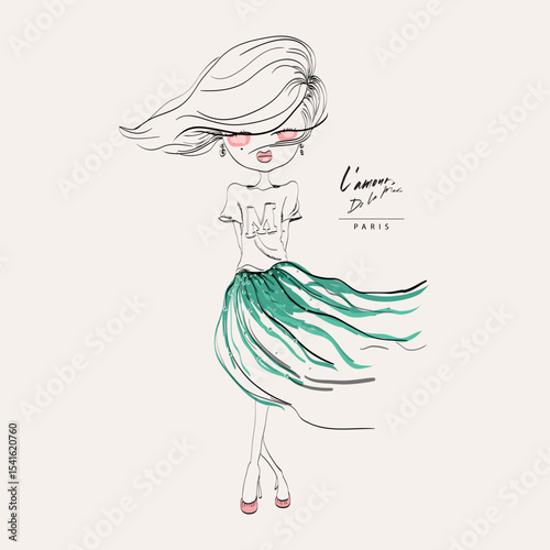 Vector line art hand drawn style illustration for a girl with a dress in windy weather